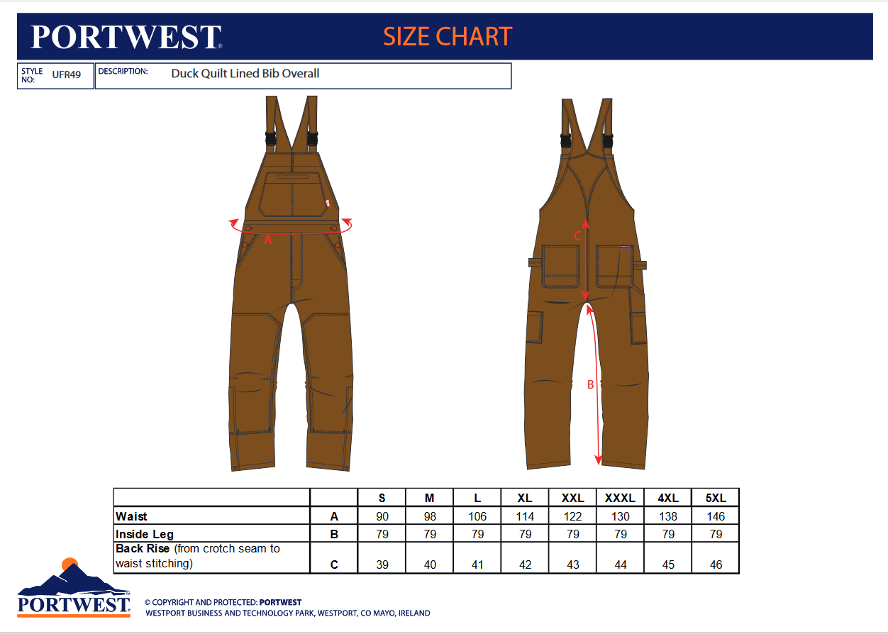 UFR49 Portwest® DuraDuck Flame Quilt Lined Bib Overalls -  Size Guide